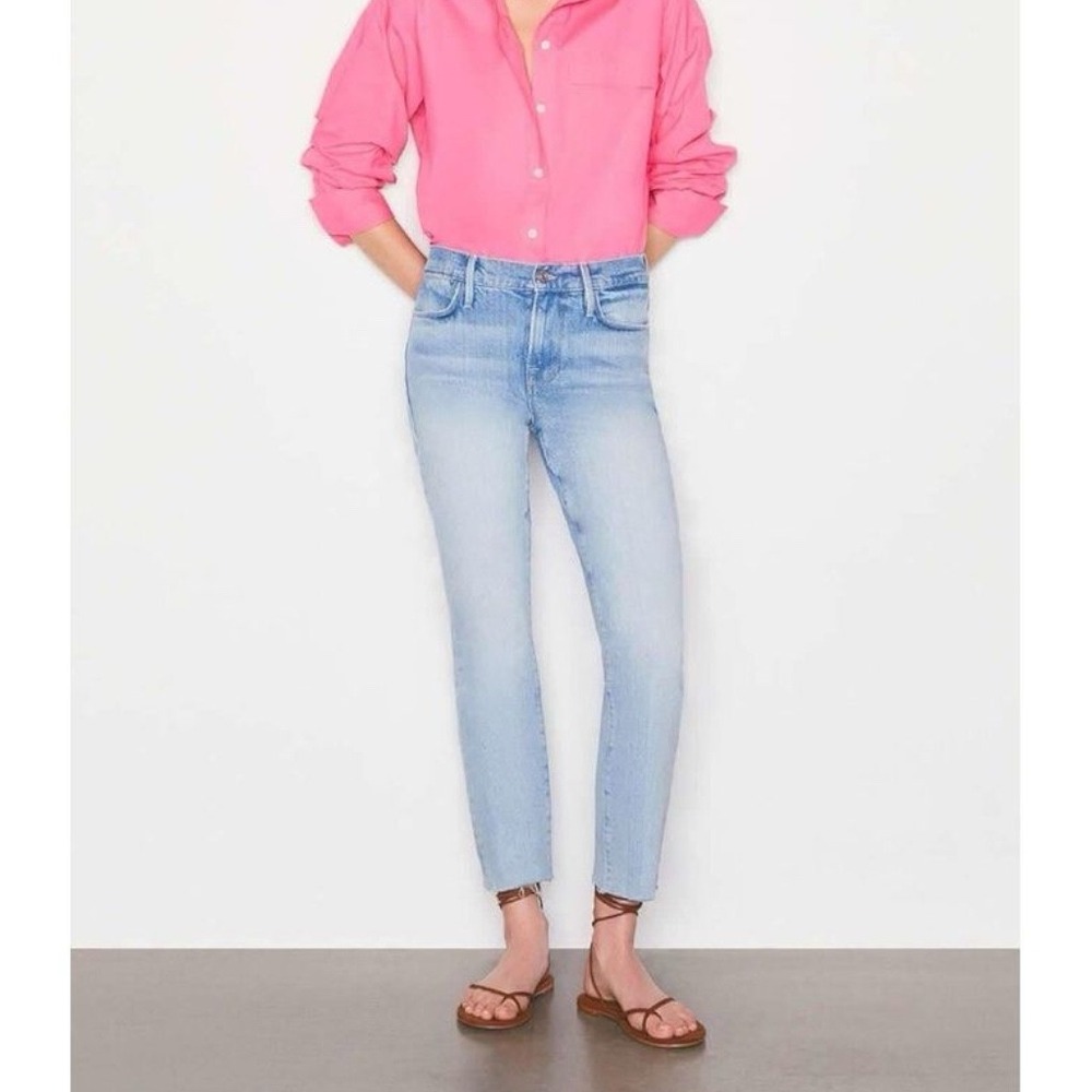 FRAME Le High Straight Jeans 29 Kerwin Light Wash High Rise Raw Hem Cropped